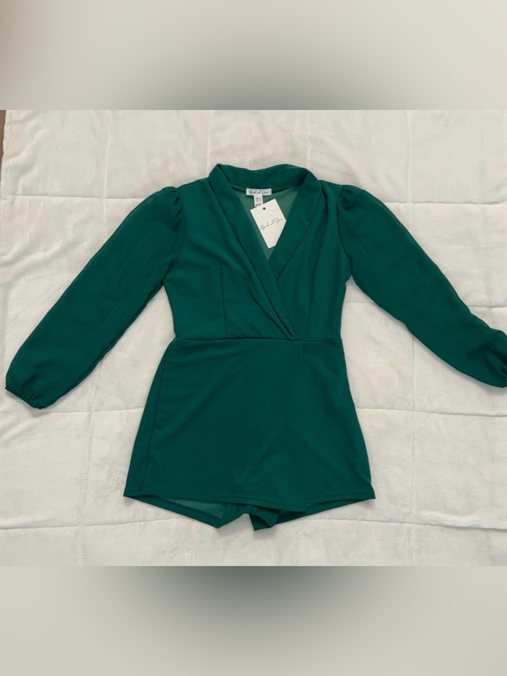 Emerald Green Wrap-Front Long-Sleeve Romper Dress